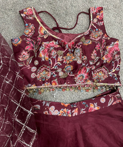 Floral Embroidered Lehenga in Wine Color