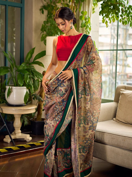 Bottle Green Georgette Saree with Artistic Kalamkari Printed Pallu & Delicate Gold Lace Border