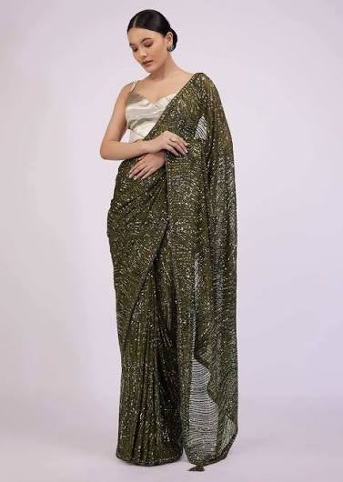Olive Green Georgette Sequins Saree