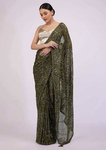 Olive Green Georgette Sequins Saree