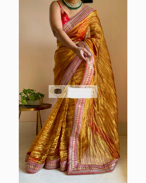 Gold Zari Tissue Saree with Red Border