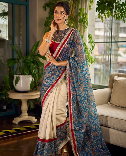 Ivory Kalamkari Floral Chanderi Saree with Red Zari-Trimmed Hem & Chevron Border Accent