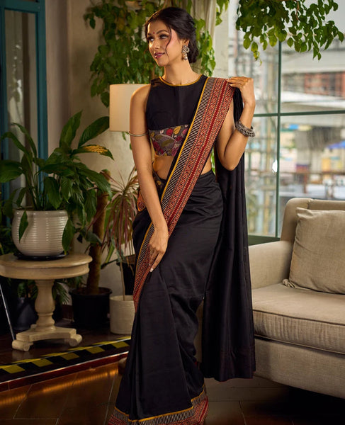 Black Cotton Saree with Ajrakh Print & Kalamkari Painted Border