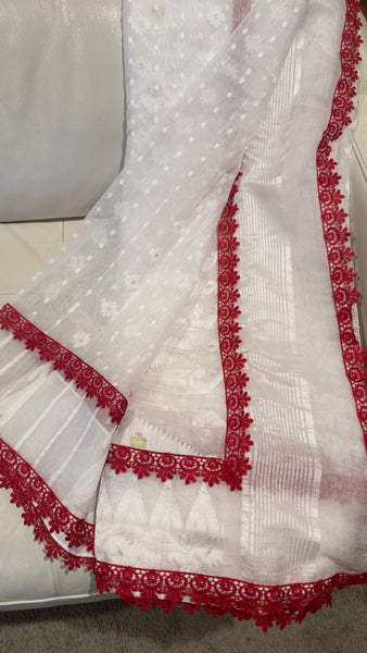 White Dhakai jamdani with Red Lace Border