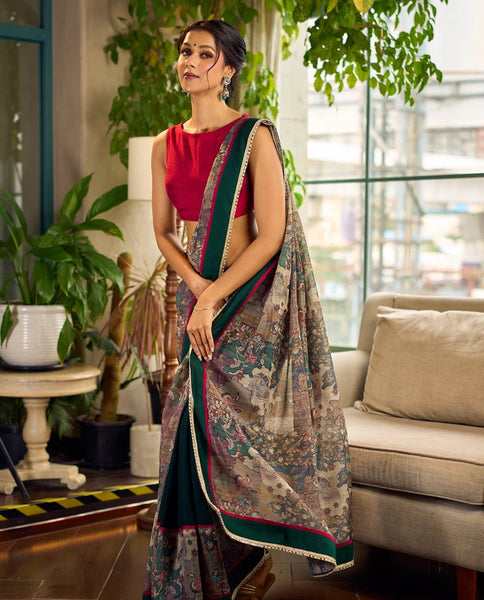 Bottle Green Georgette Saree with Artistic Kalamkari Printed Pallu & Delicate Gold Lace Border