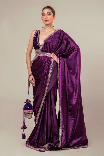 Purple Velvet Saree Embellished With Purple