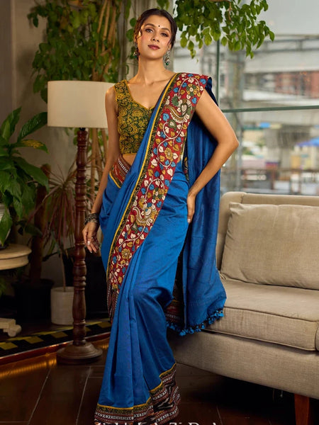 Blue Cotton Saree with Gond Painting & Multicolor Ikat & Kalamkari Border
