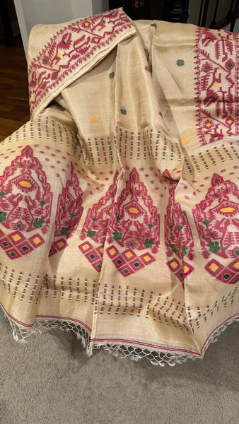 Reddish Maroon Handwoven Pure Tussar Silk Jamdani Saree