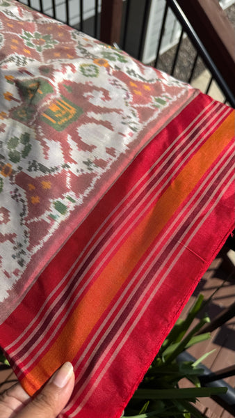 Pure Pochampally Double Weaving Ikat Silk Patola White Red Saree