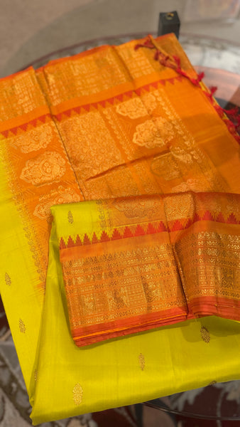 Greenish Yellow and Orange Pure Silk Handloom Gadwal Saree