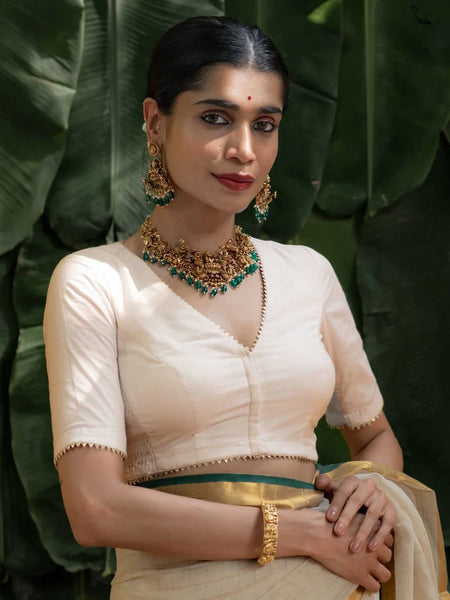 White Cotton Blouse with Onam Embroidery Readymade Blouse