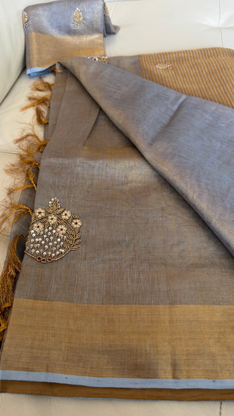 Dual Tone Grey Silver Gold Tone Tissue Linen Saree