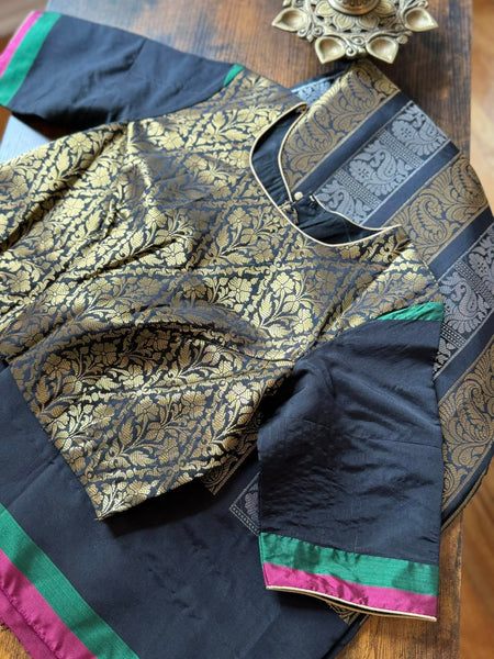 Black and Tricolor soft silk saree with contrast piping and a grand brocade blouse!