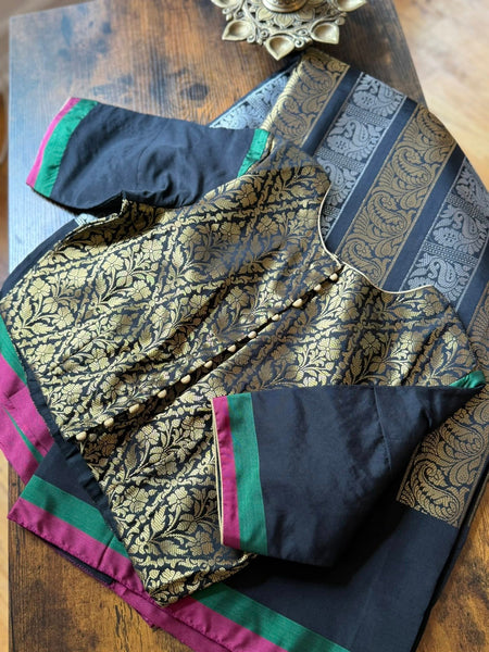 Black and Tricolor soft silk saree with contrast piping and a grand brocade blouse!