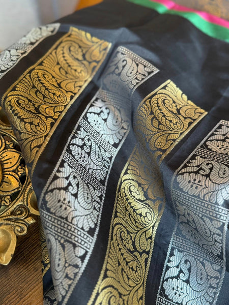 Black and Tricolor soft silk saree with contrast piping and a grand brocade blouse!