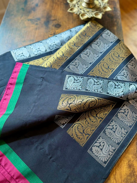 Black and Tricolor soft silk saree with contrast piping and a grand brocade blouse!