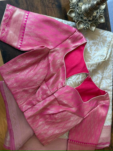 Silk Saree in cream and pink with Stitched Blouse