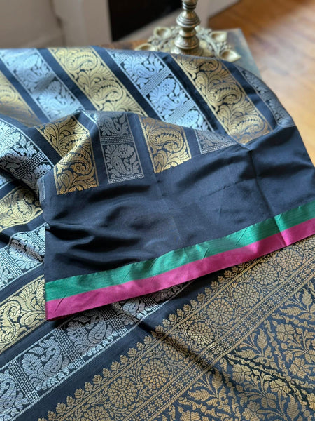 Black and Tricolor soft silk saree with contrast piping and a grand brocade blouse!