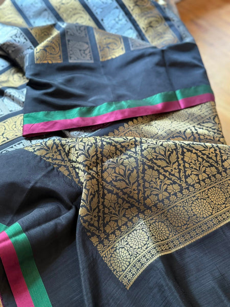 Black and Tricolor soft silk saree with contrast piping and a grand brocade blouse!