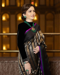Black and Tricolor soft silk saree with contrast piping and a grand brocade blouse!