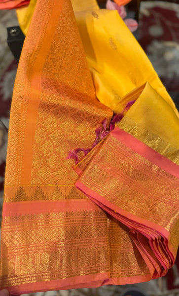 Yellow and Coral Pink Pure Silk Handloom Gadwal Saree