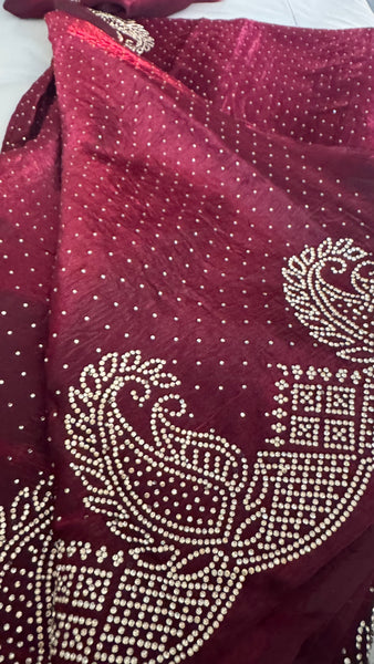 Deep Maroon Silk Crepe All-Over Stone Embellished Saree