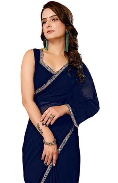 Navy Blue Georgette One Minute Ready to Wear Mirror Lace Saree