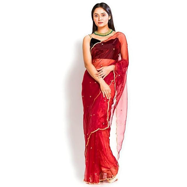 Red Glass Tissue Saree with Hand Embroidered Scalloping