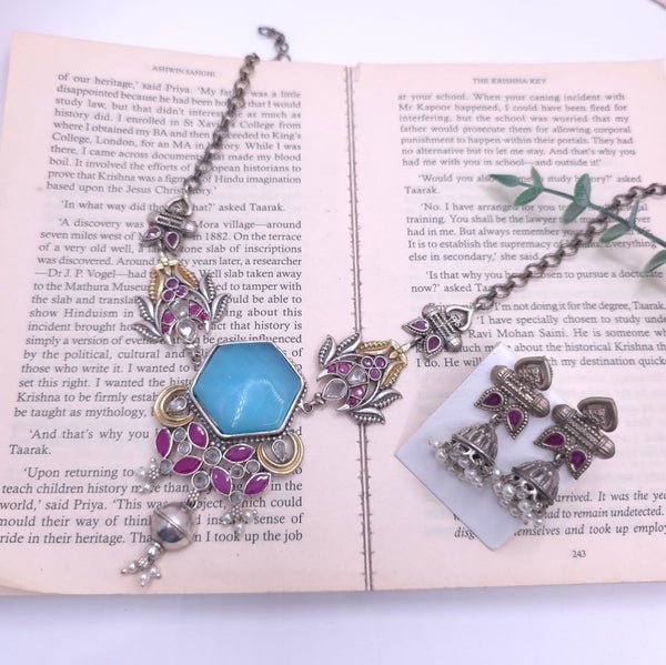 Anchal silver alike necklace set with Earrings