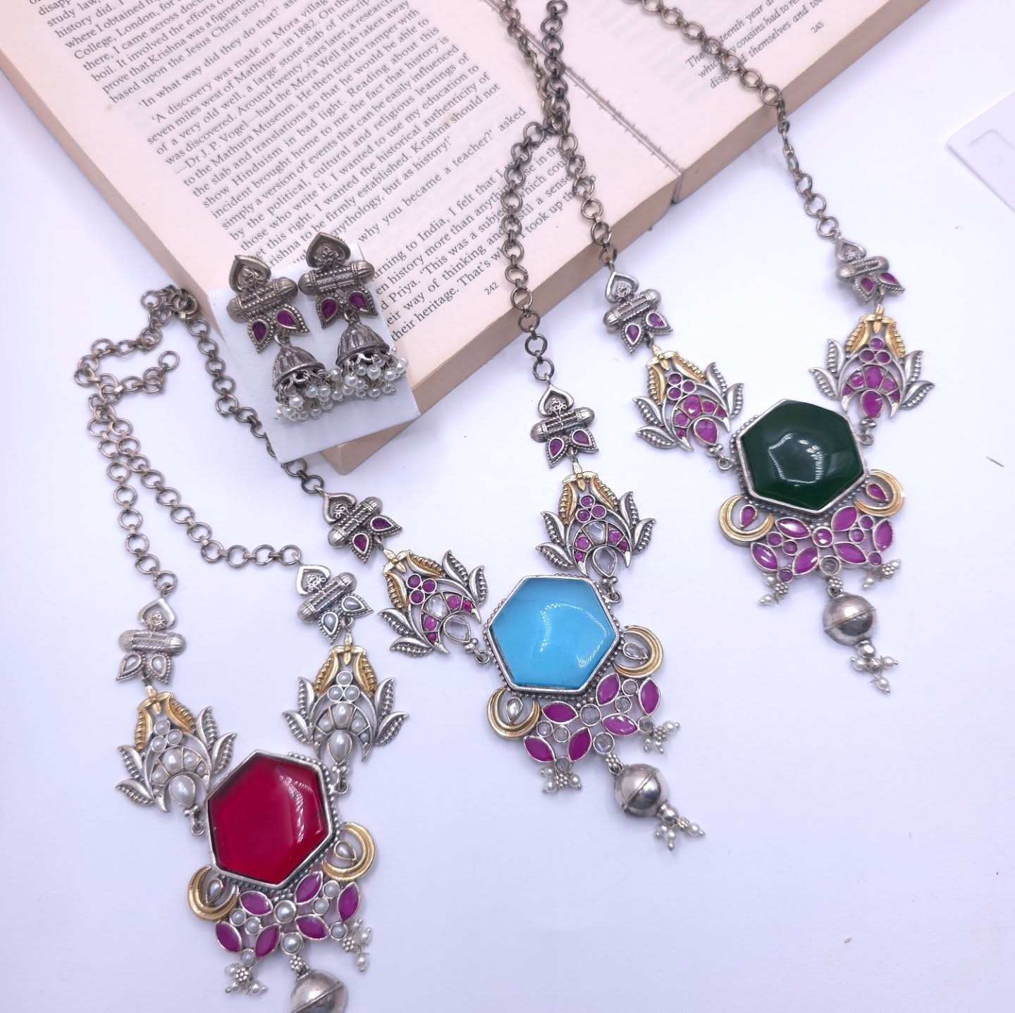 Anchal silver alike necklace set with Earrings
