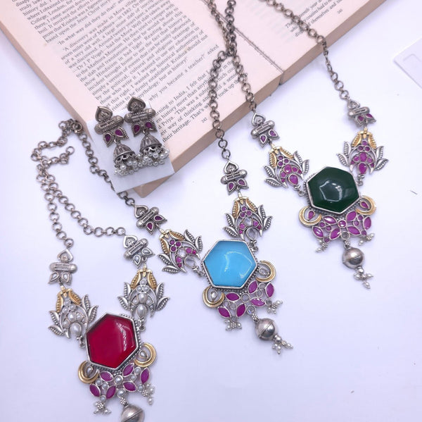 Anchal silver alike necklace set with Earrings