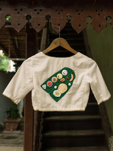 White Cotton Blouse with Onam Embroidery Readymade Blouse