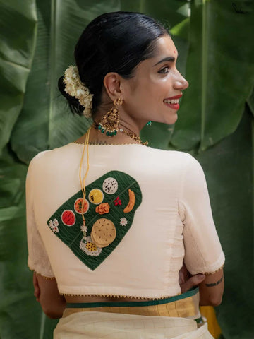 White Cotton Blouse with Onam Embroidery Readymade Blouse