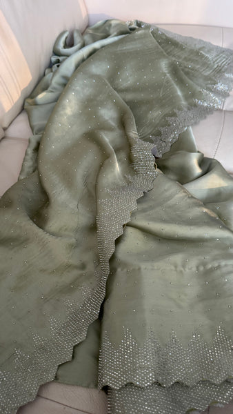 Sage Green Satin Stone Embellished Saree