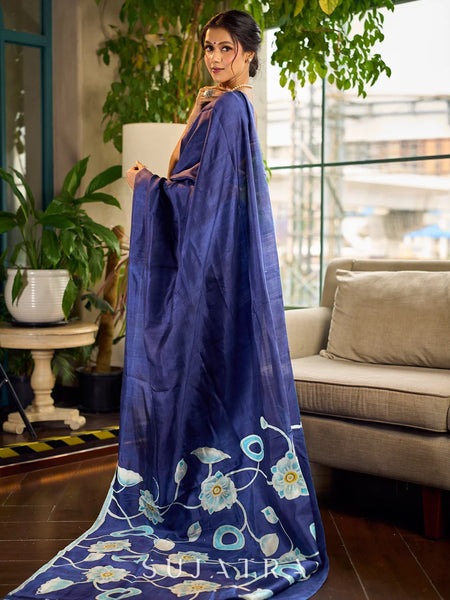 Navy Pure Silk Saree with Painted Floral Pallu & Light Blue Trim