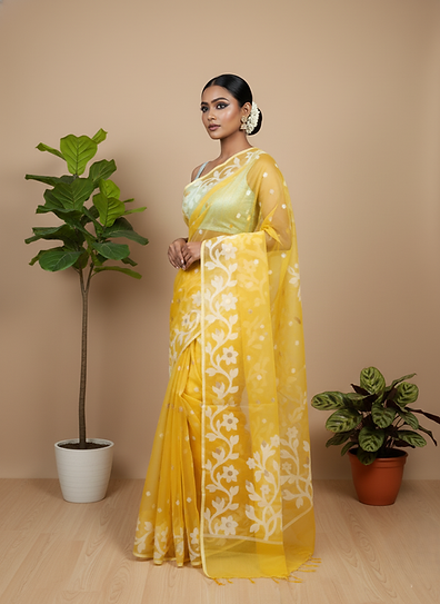 Golden Marigold Resham Silk Muslin Jamdani Saree