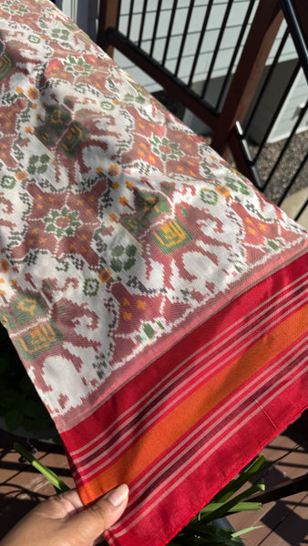 Pure Pochampally Double Weaving Ikat Silk Patola White Red Saree