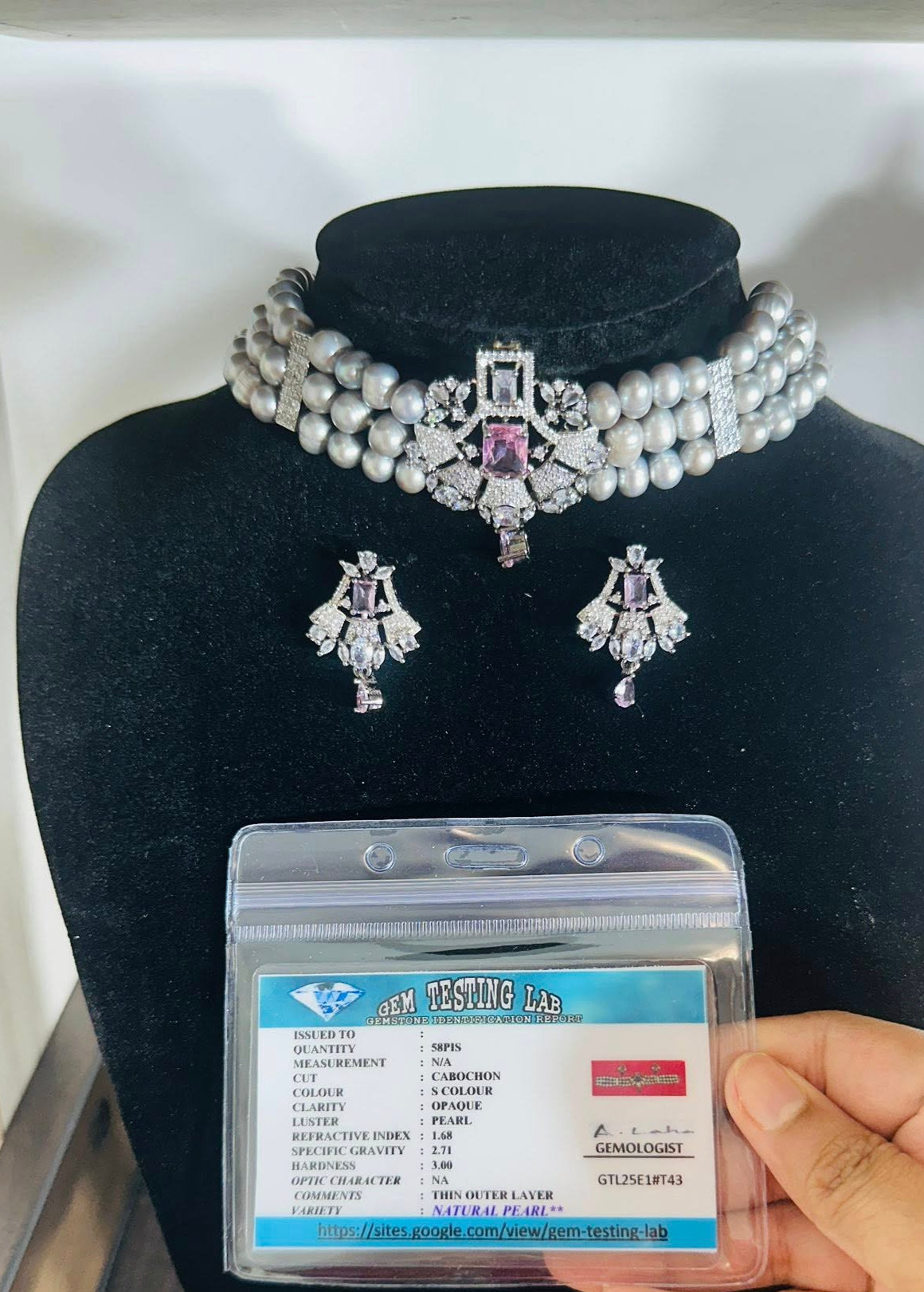 Natural Freshwater Gray Real Pearl Set with CZ and Pinkish Lavender Stone