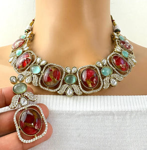 Ruby Red Victorian Moissanite polki CZ Necklace