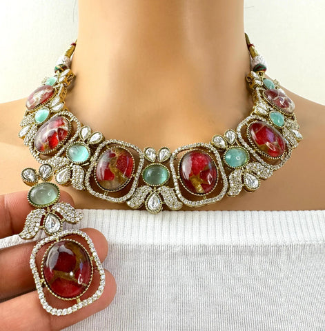 Ruby Red Victorian Moissanite polki CZ Necklace