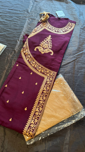 Eggplant Purple and Tan Pure Raw Silk Embroidered Bengali Punjabi