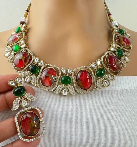 Ruby Red and Green Victorian Moissanite polki CZ Necklace