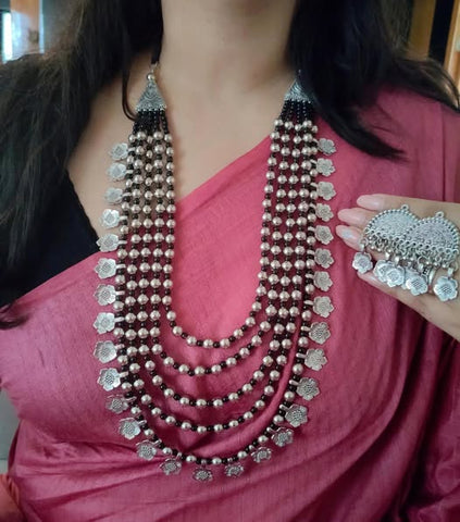 5 Layer Handcrafted Oxidized Long Necklace set with Earrings
