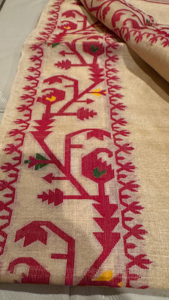 Red Handwoven Pure Tussar Silk Jamdani Saree