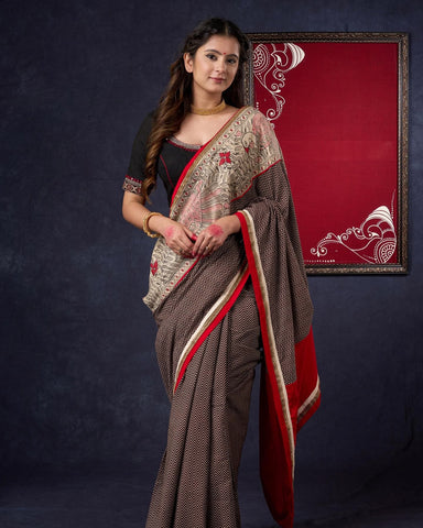 Black Ajrakh Cotton Saree with Hand-Painted Madhubani Border