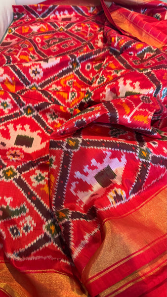 Pure Ikkat Double Weaving Silk Red and Multicolor Saree