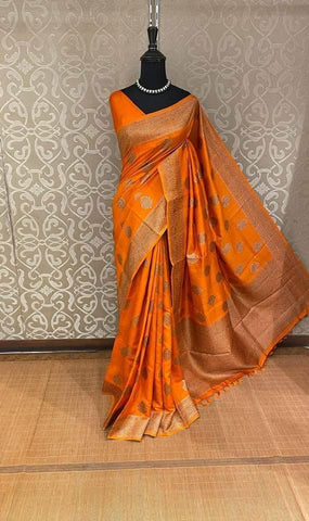 Orange and Gold Soft Tussar Handloom Silk Saree with Golden Butta’s and Tassel on Aachal