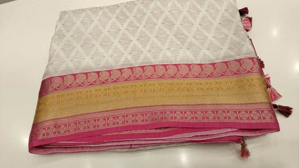 White Soft Silk Saree with French Knots and Kantha Stitch with Zari Border