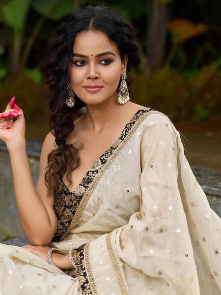 Ivory tissue saree featuring zari embroidery and Banarasi accents