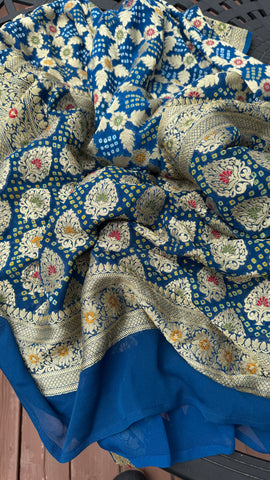 Blue and Gold Khaddi Banarasi Chiffon Georgette Saree